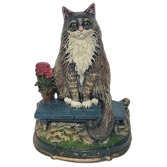 Upper Deck Vintage Cast Iron Cat Kitten Heavy Door Stopper Cat and Flower Pot - Picture 1 of 11
